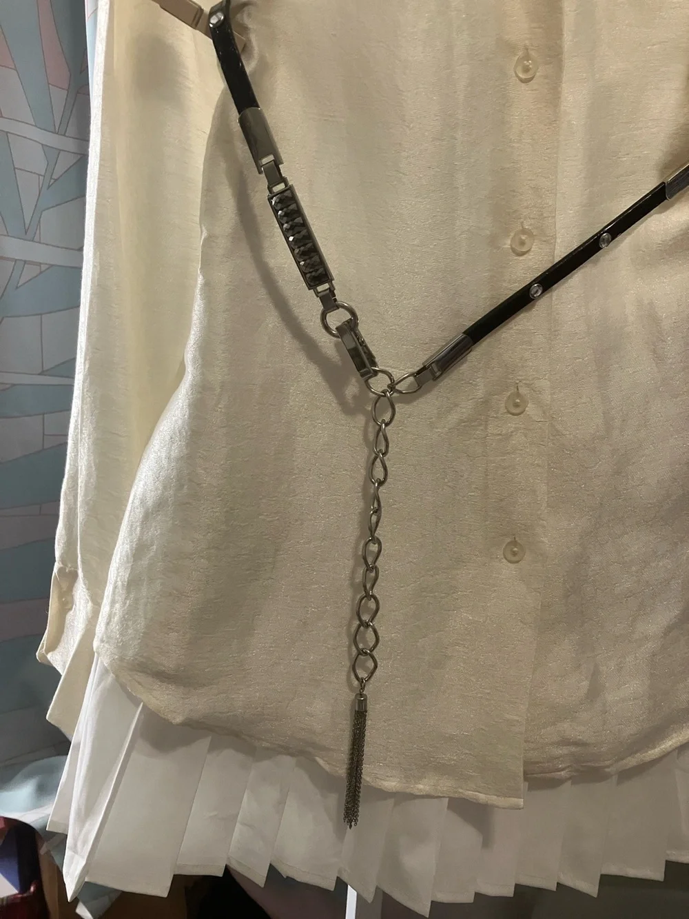 Vintage Black Leather Embellished & Silver Chain Tassel Waist Belt